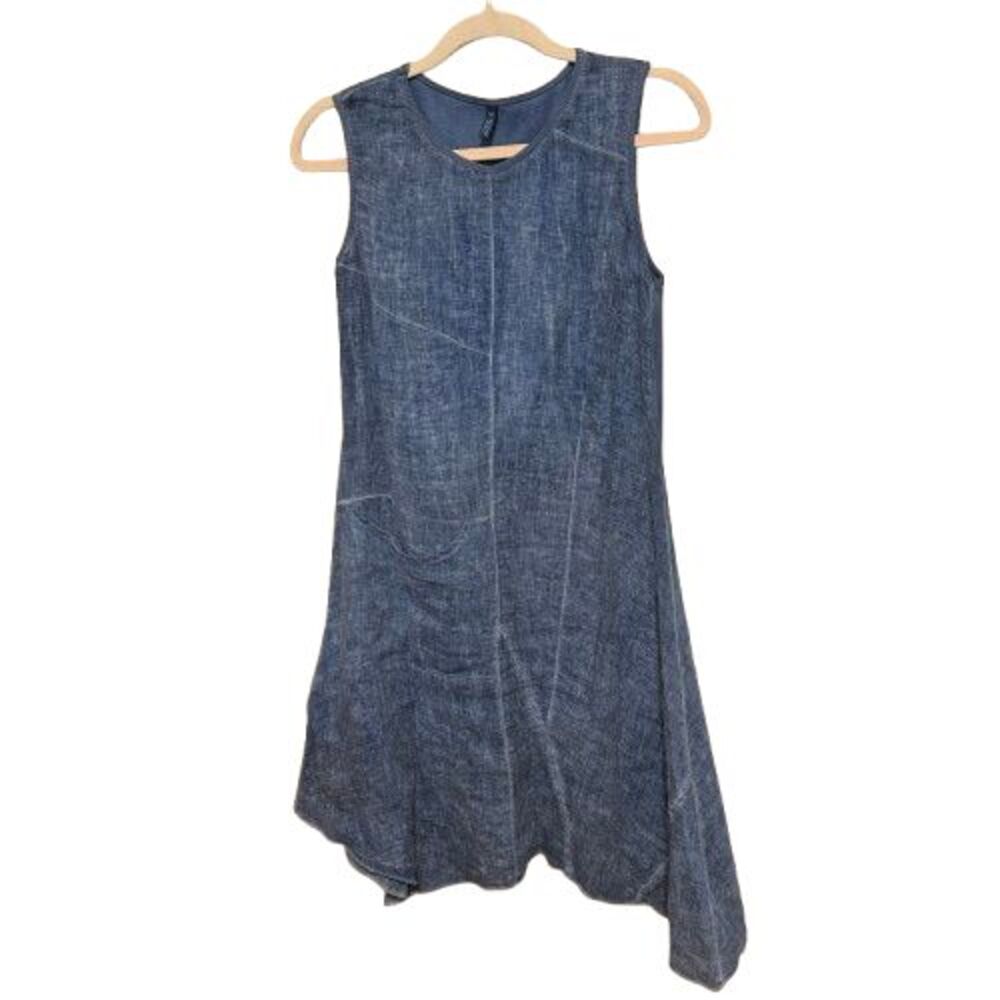 Inizio Linen Blend Asymetrical Dress Womens Medium Vintage Wash Blue One Pocket